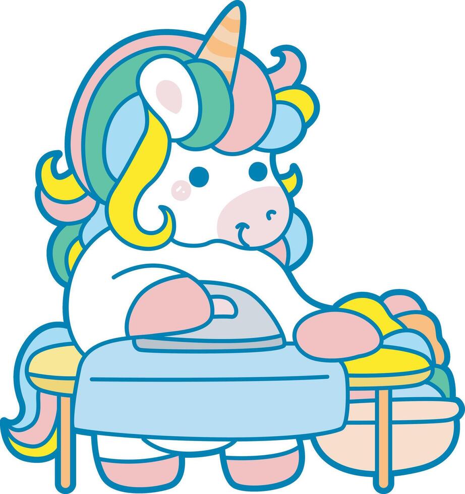 Illustration of cute unicorn activities icon. Funny rainbow unicorn daily routine stickers. Unicorn ironing a clothes vector