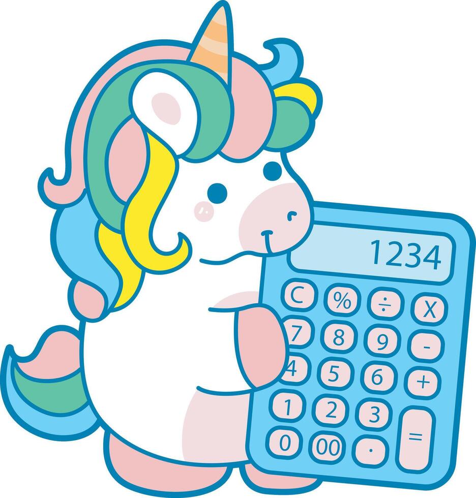 Illustration of cute unicorn activities icon. Funny rainbow unicorn daily routine stickers. Unicorn bring a calculator vector