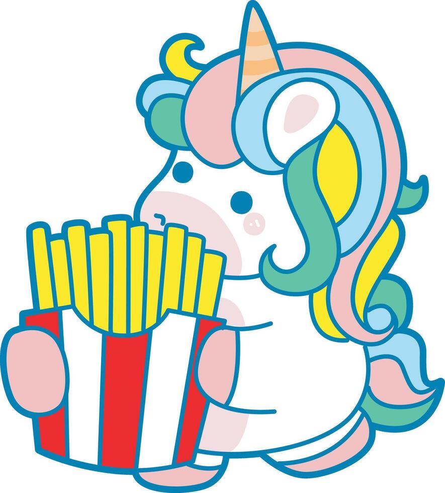 Illustration of cute unicorn activities icon. Funny rainbow unicorn daily routine stickers. Unicorn bring a french fries vector
