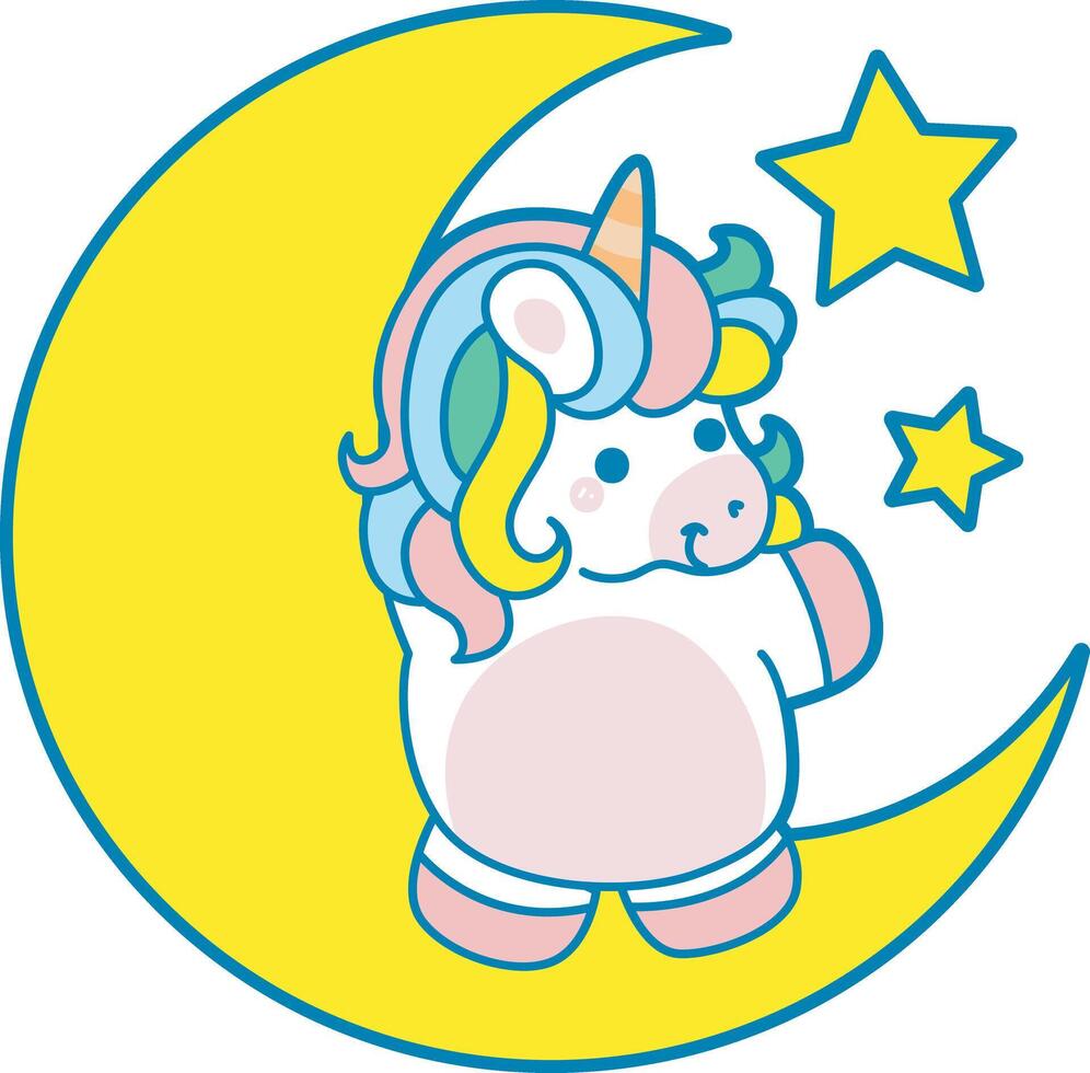 Illustration of cute unicorn activities icon. Funny rainbow unicorn daily routine stickers. Unicorn in the moon and stars vector