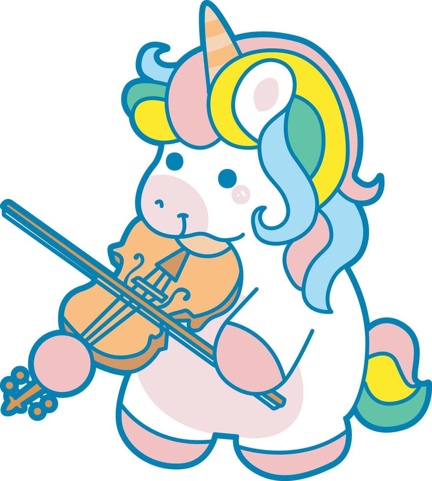 Illustration of cute unicorn activities icon. Funny rainbow unicorn daily routine stickers. Unicorn playing violin vector
