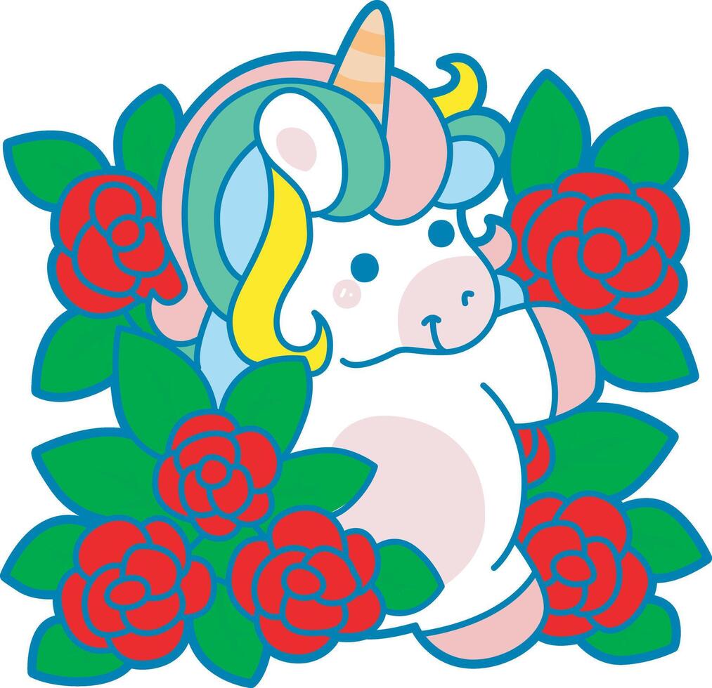 Illustration of cute unicorn activities icon. Funny rainbow unicorn daily routine stickers. Unicorn in the middle of rose vector