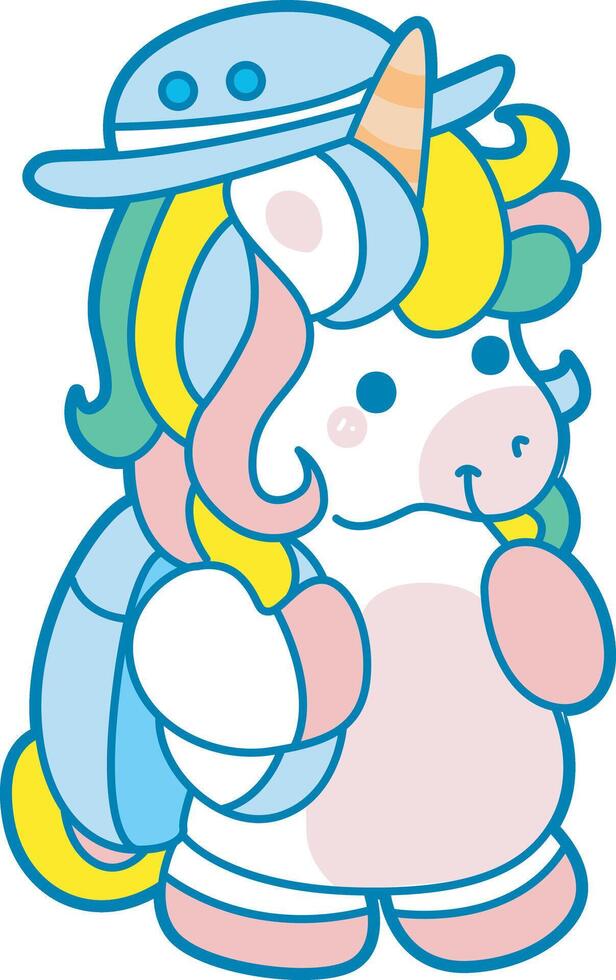 Illustration of cute unicorn activities icon. Funny rainbow unicorn daily routine stickers. Unicorn wearing hat and bag school vector
