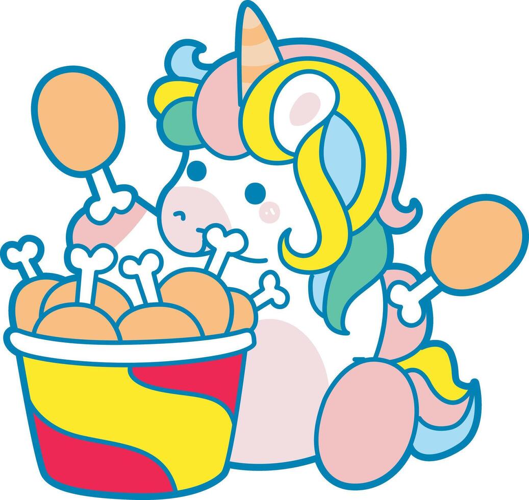 Illustration of cute unicorn activities icon. Funny rainbow unicorn daily routine stickers.. Unicorn bring a lot of fried chicken vector