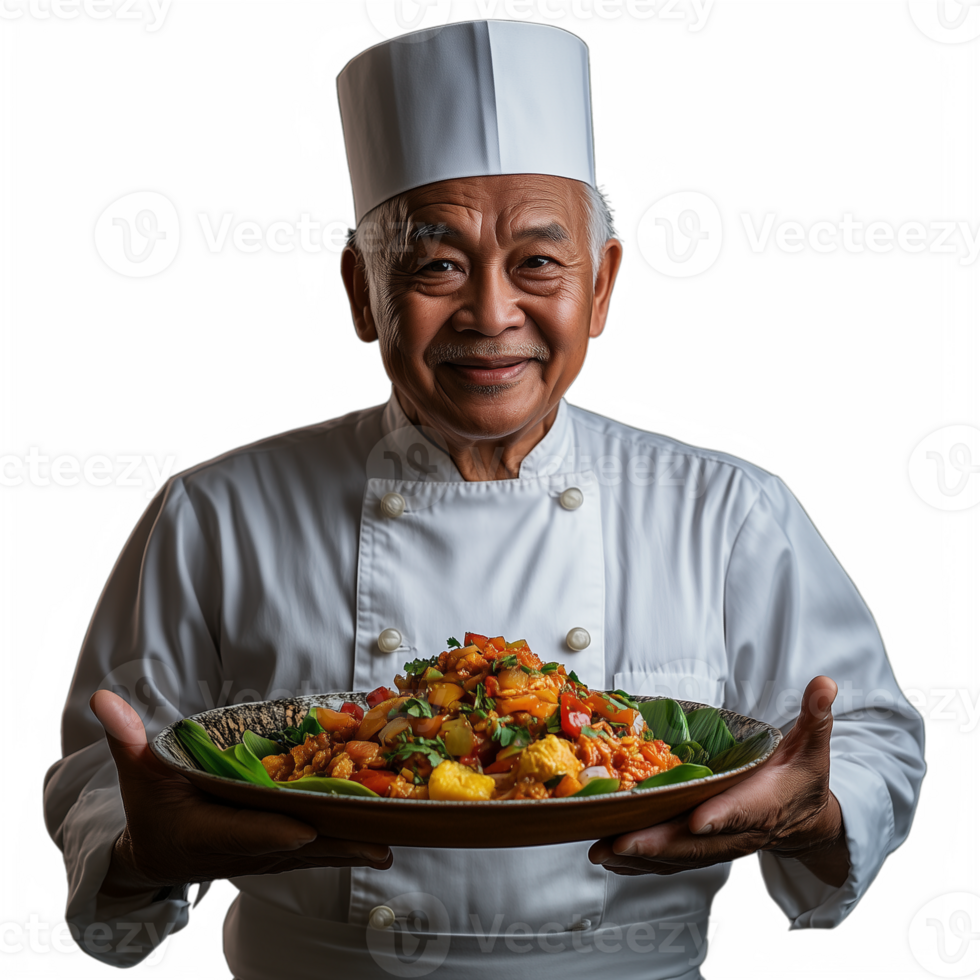 Elderly male chef presenting a colorful dish, smiling with pride, showcasing culinary expertise and passion png