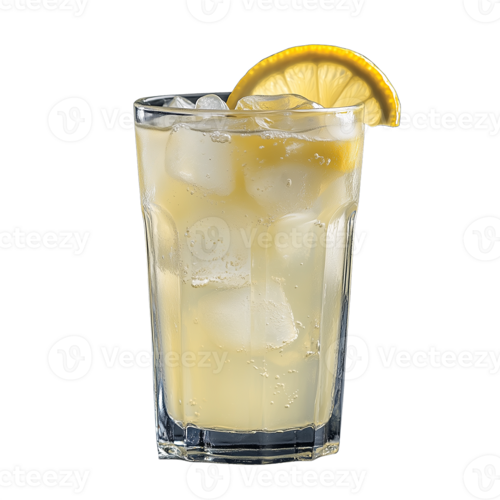 A glass of lemonade with ice cubes and a lemon slice on top png