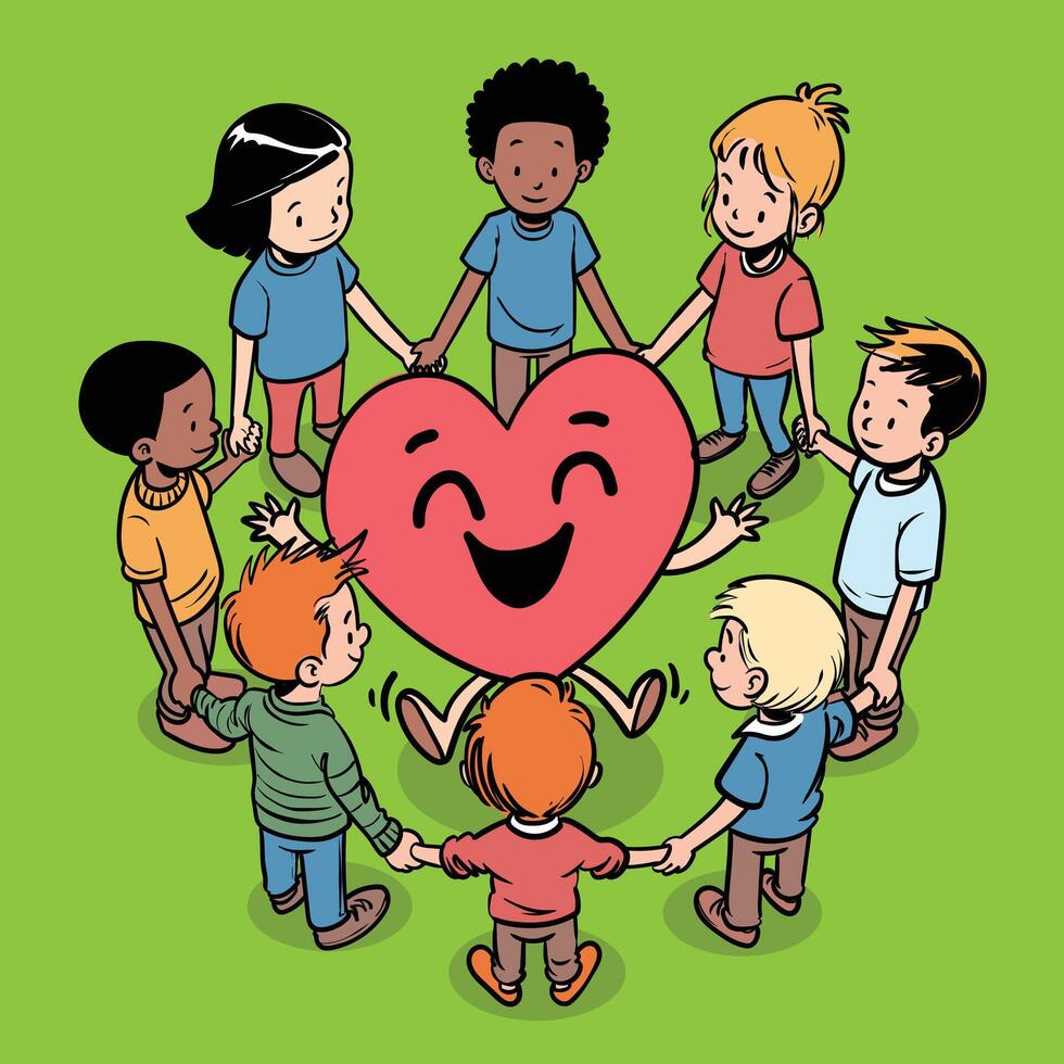 diverse children holding hands around a heart vector