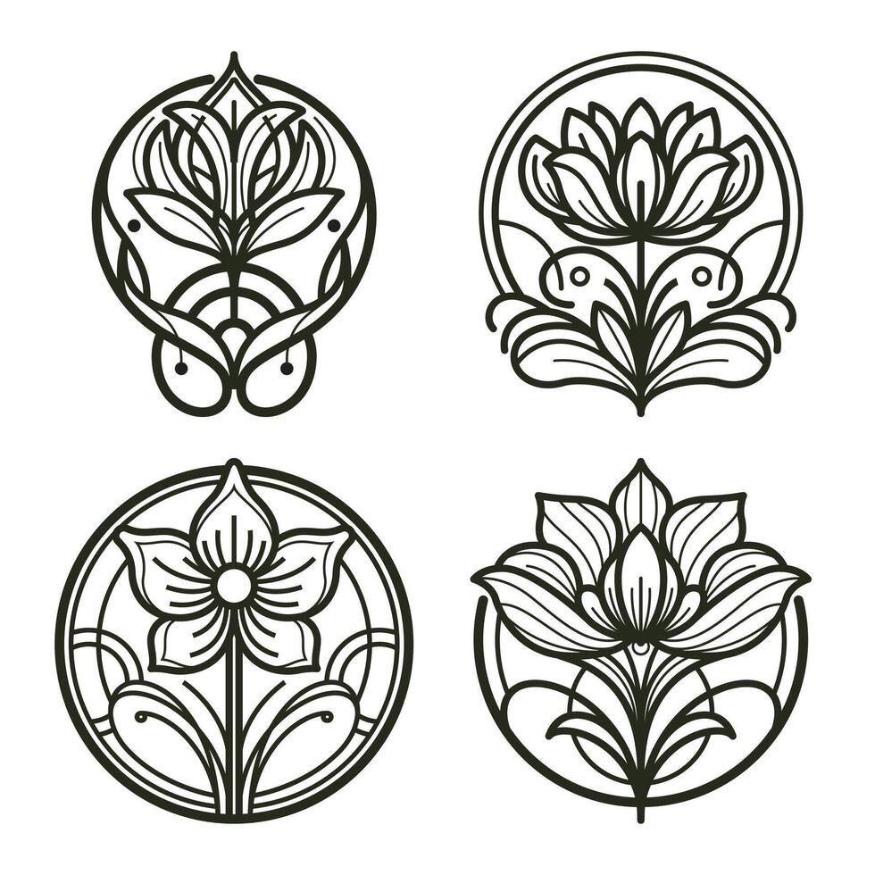Set of Art Nouveau Flat Flower Illustrations vector