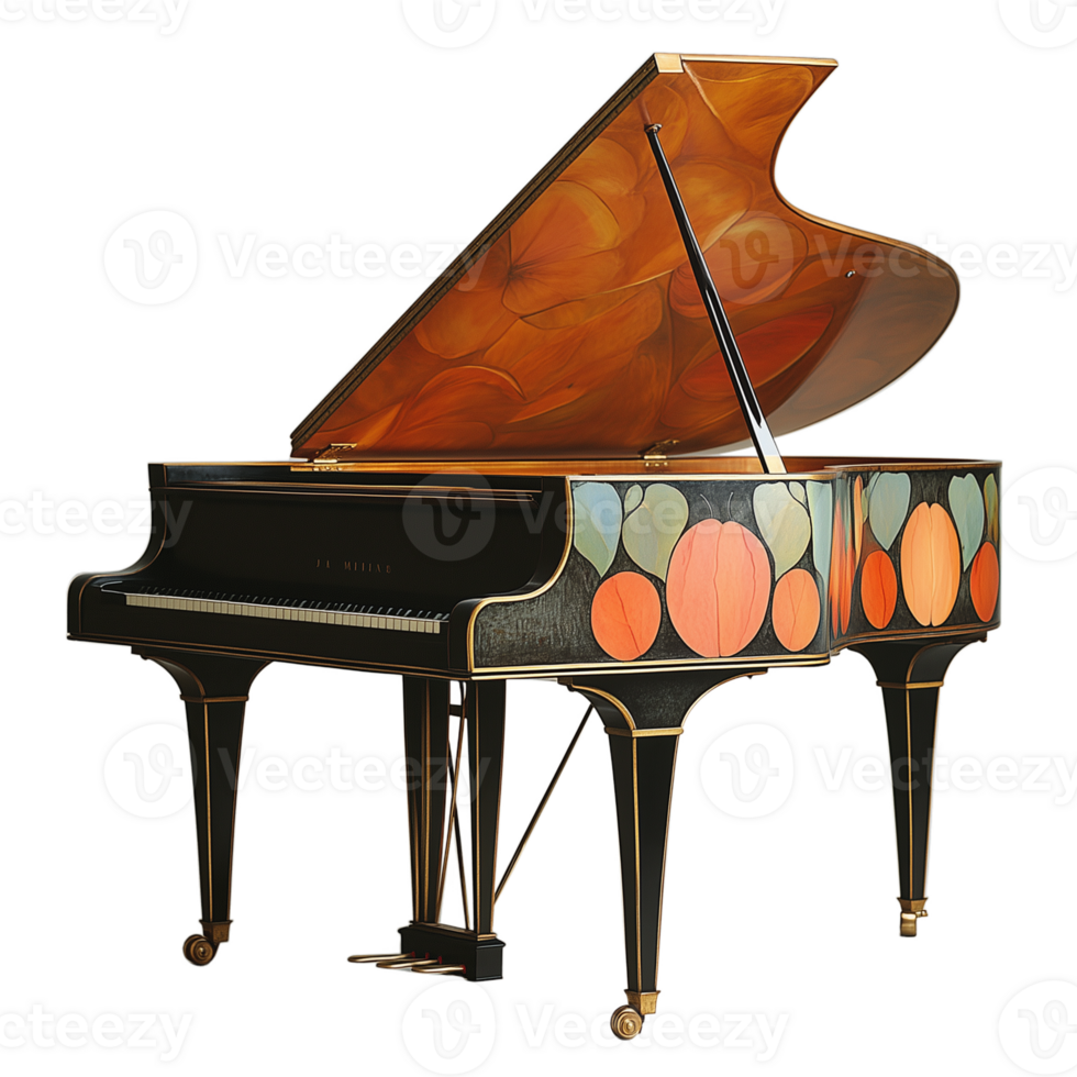 A black and gold piano with a colorful design of fruit on the keys png