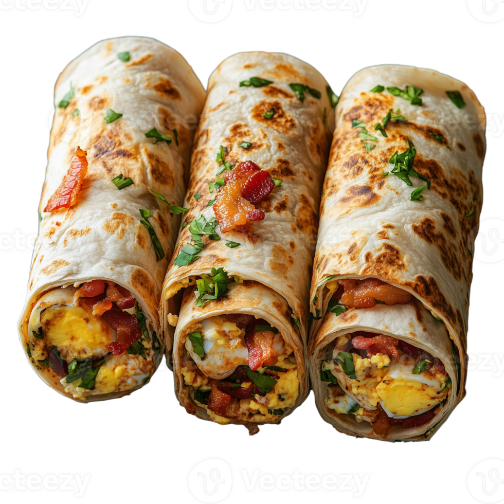 Three burritos with bacon and eggs png