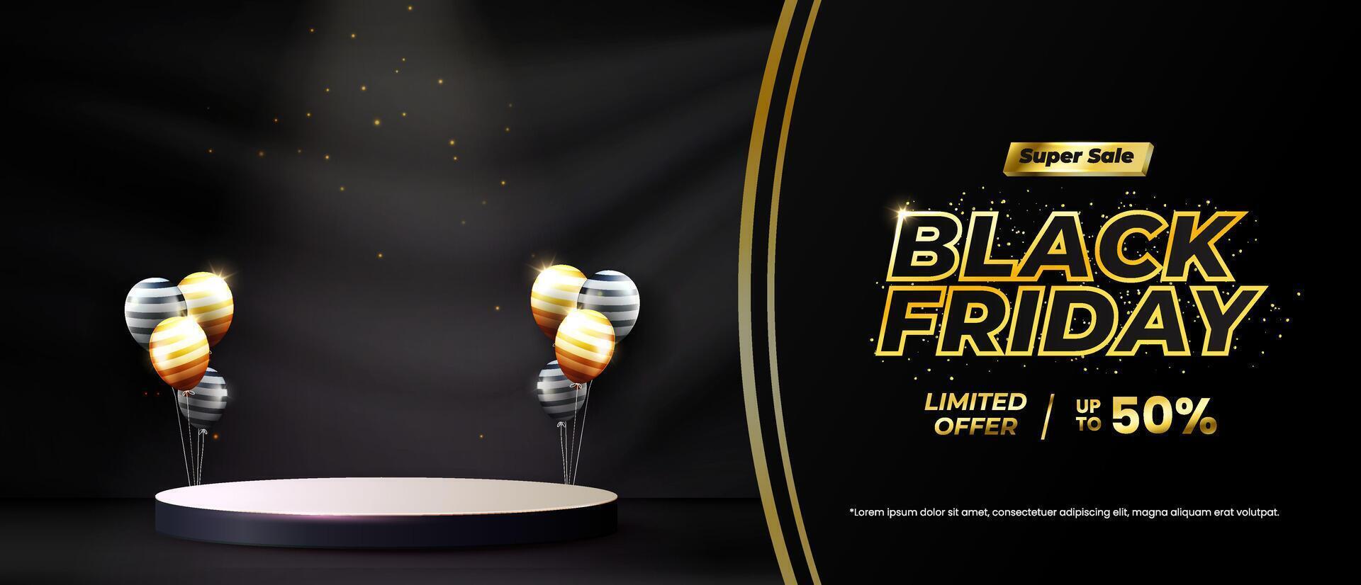 Black Friday Sale with balloons and light effects with podium for showcasing products vector