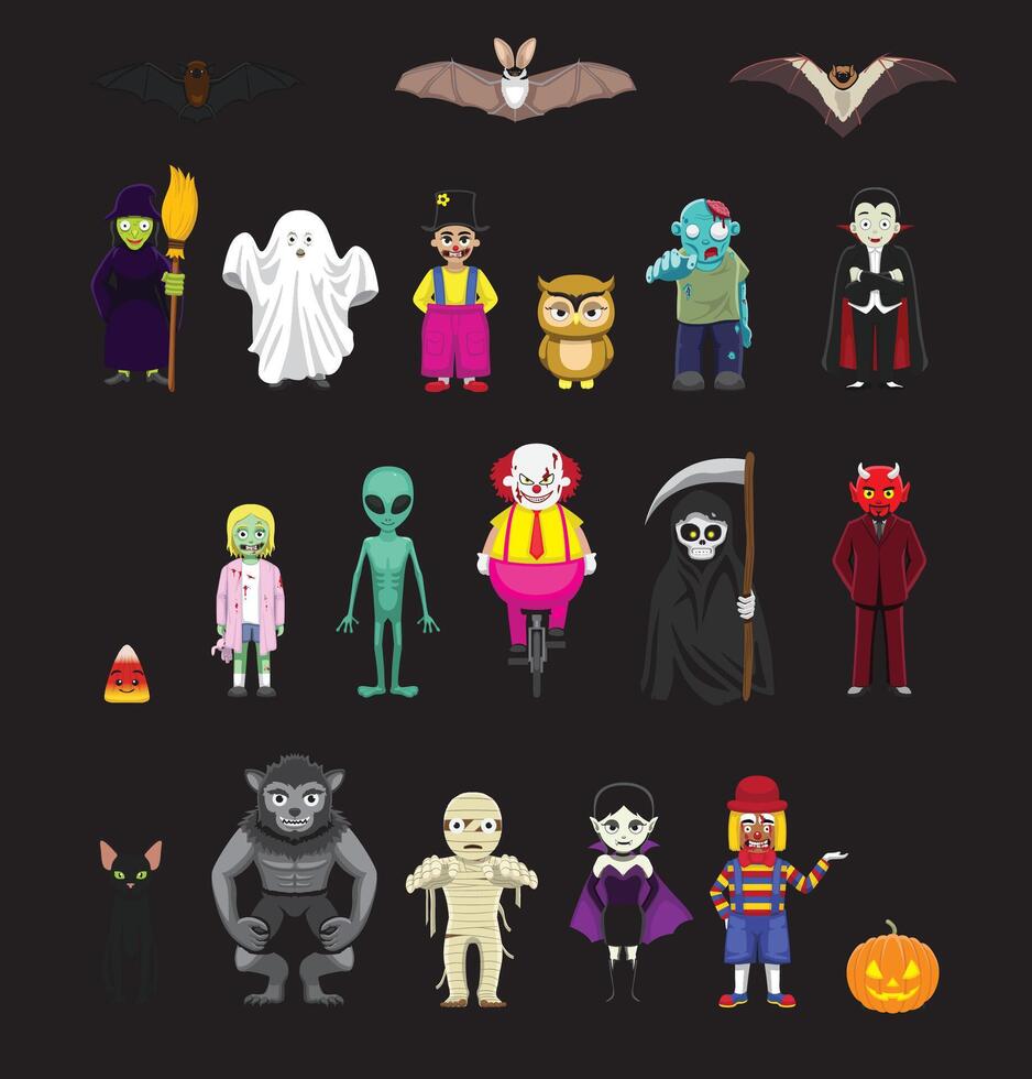 Halloween Characters Set Bats Monster Evil Cartoon vector