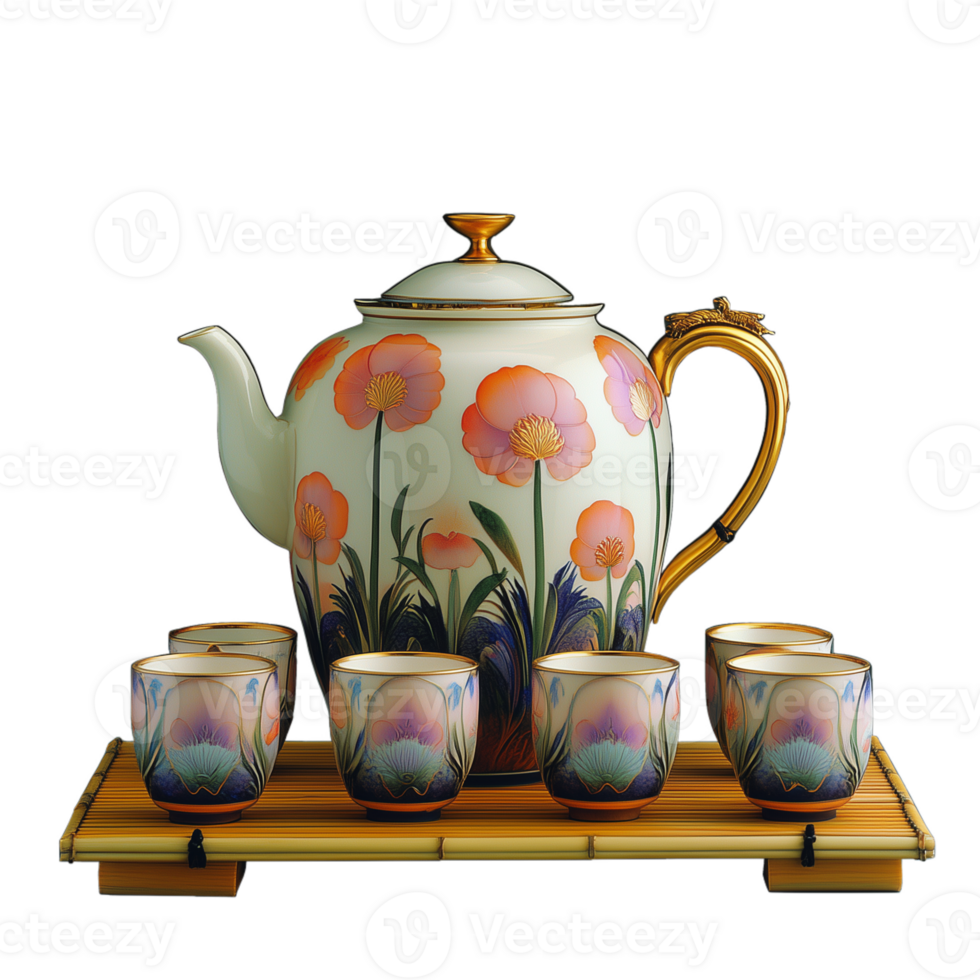 A set of teacups and a teapot with flowers on it png