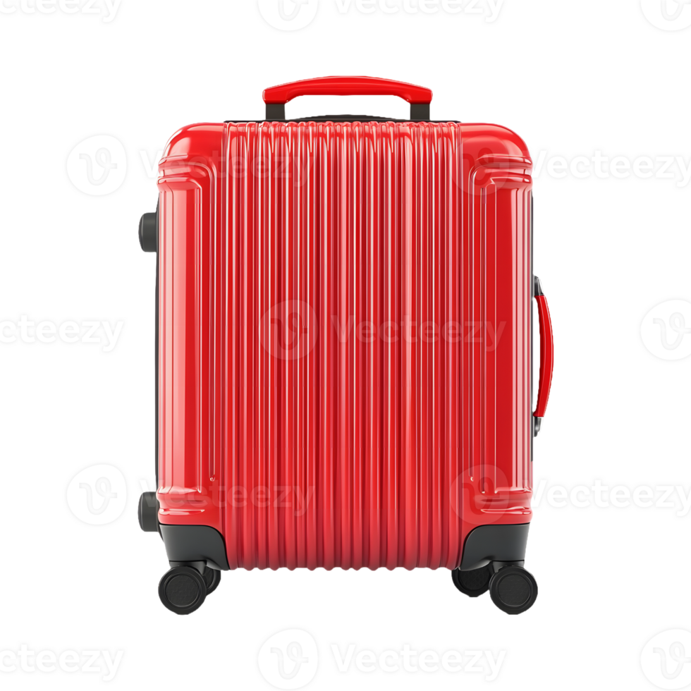 Bold Red Suitcase with Wheels Isolated on Transparent Background Ideal for Travel Product Ads, Summer Journey Graphics, and Luggage Promotions png