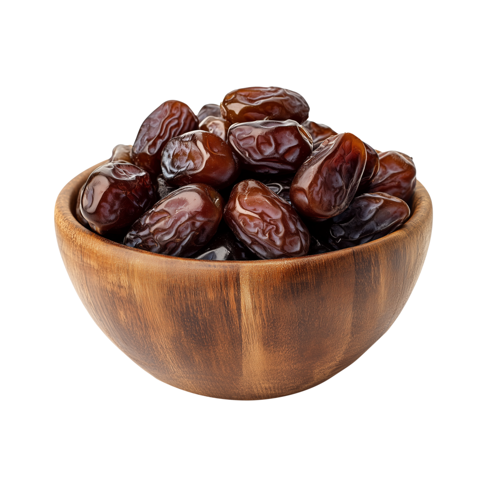 Premium Dates in Wooden Bowl Isolated on Transparent Background Great for Designing Elegant Product Banners, Rustic Covers, and Social Media Graphics png