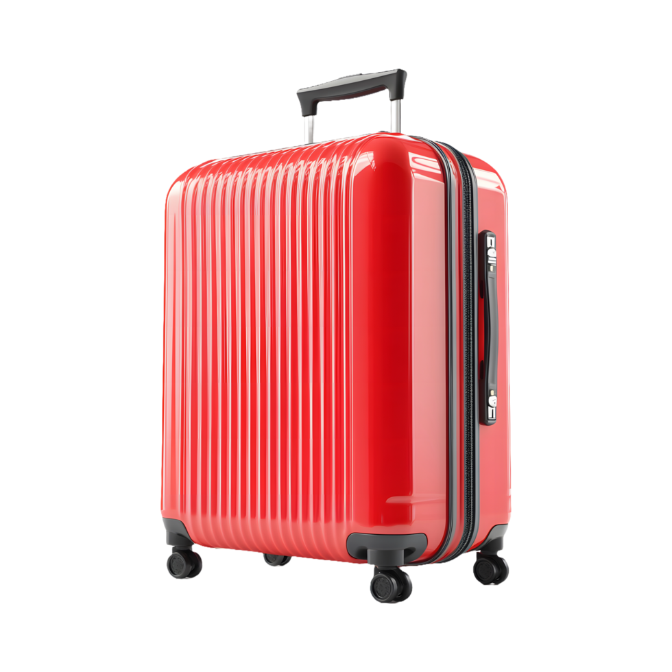 Modern Red Suitcase with Wheels Isolated on Transparent Background Great for Summer Travel Banners, Luggage Promotions, and Journey Social Media Posts png