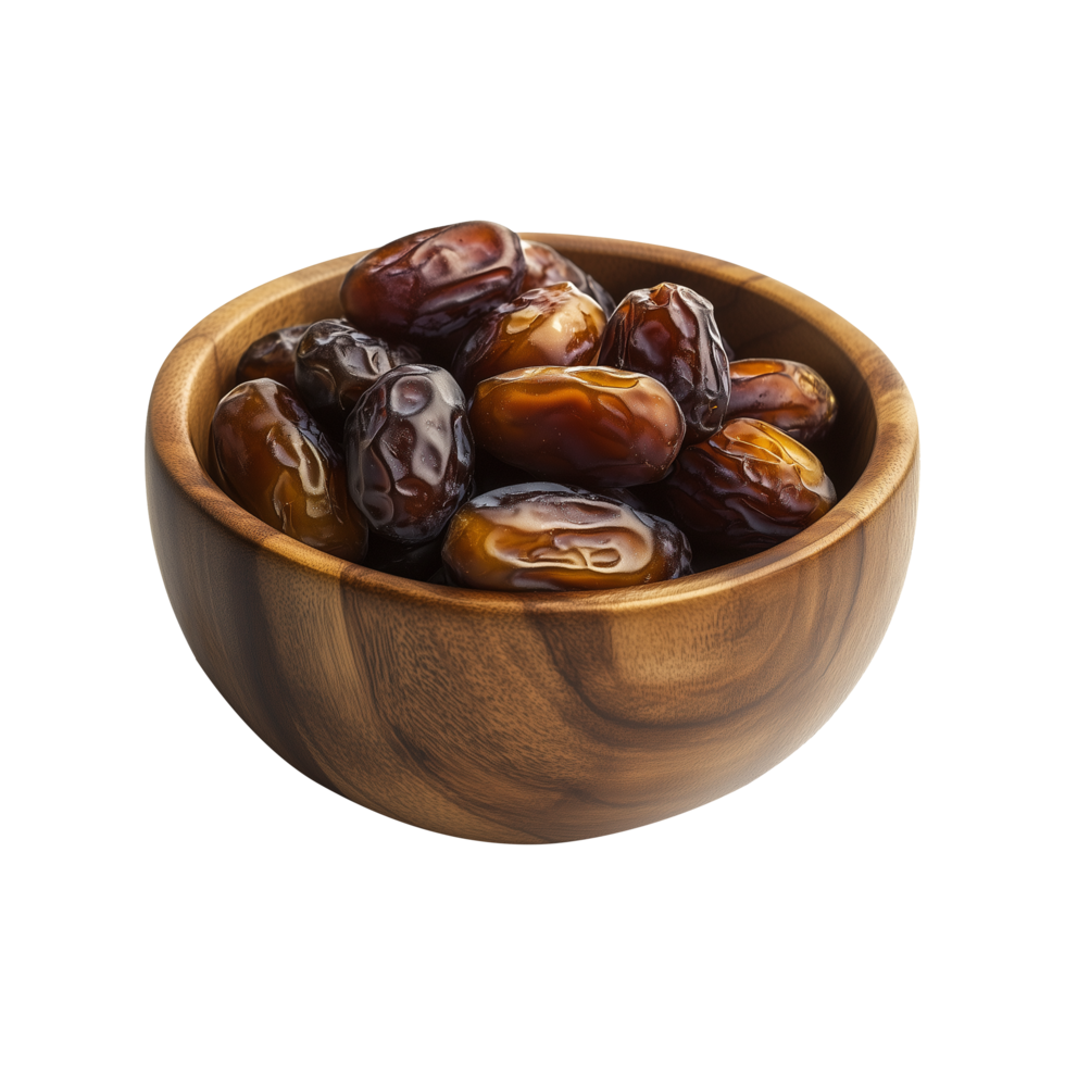 Premium Dates in Wooden Bowl Cutout Isolated on Transparent Background Perfect for Rustic Yet Elegant Product Banners, Social Media Posts, and Covers png
