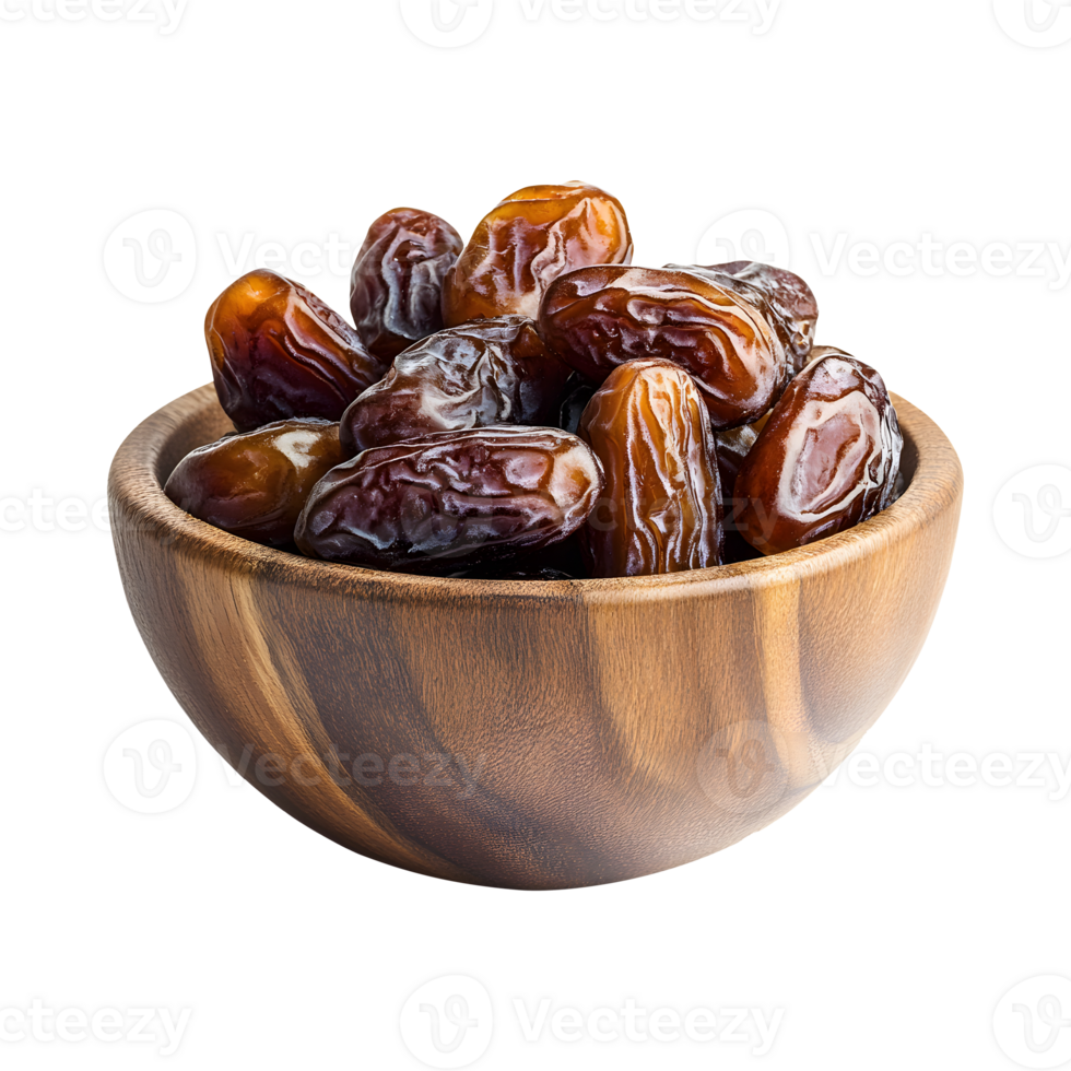 Premium Quality Dates in Wooden Bowl Cutout, Isolated on Transparent Background Ideal for Creating Rustic Product Banners, Social Media Posts, and Covers png