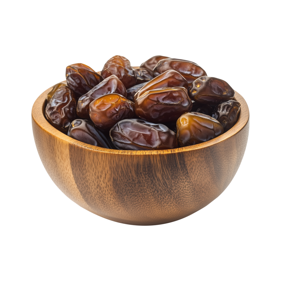 Glossy Dates in Wooden Bowl Cutout, Isolated on Transparent Background Great for Creating Attractive Product Promotions, Covers, and Social Media Posts png