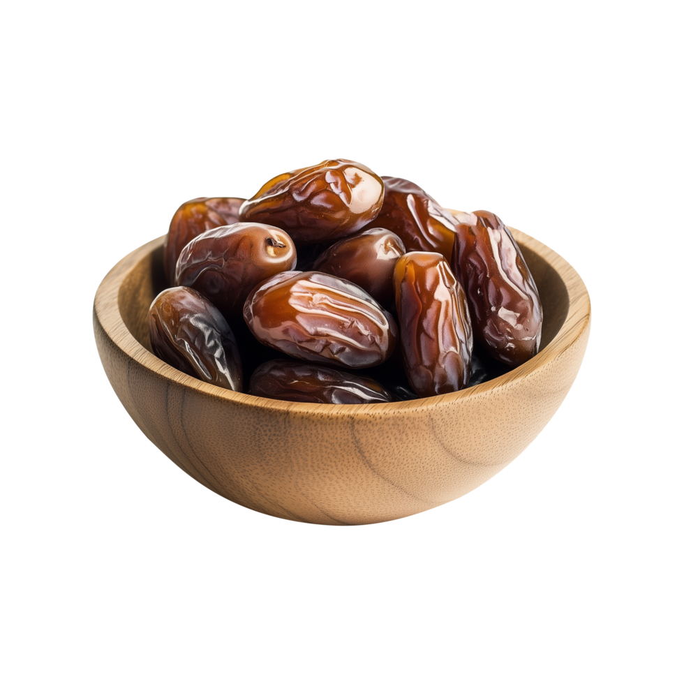 Rich Glossy Dates in Wooden Bowl Cutout, Transparent Background Perfect for Premium Product Promotions, Creative Cover Art, and Social Media Posts png