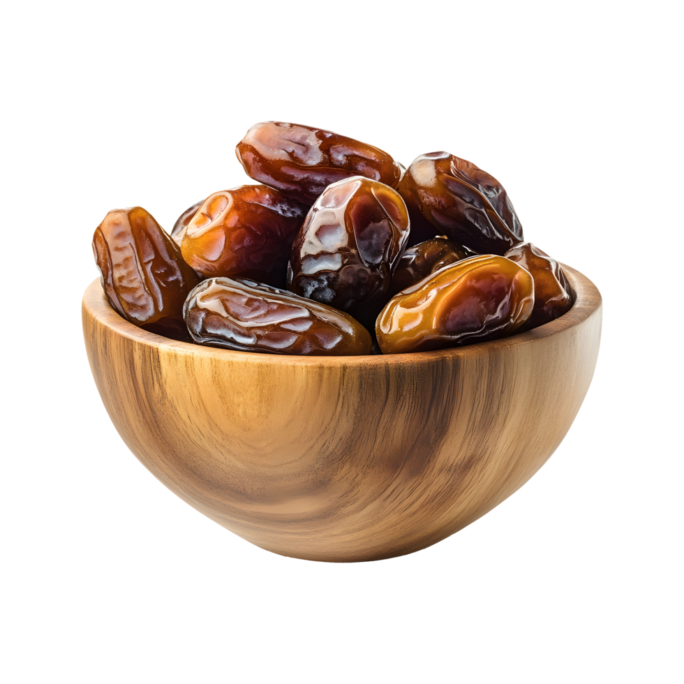 Rich Brown Dates in Wooden Bowl Cutout, Transparent Background Ideal for Designing Elegant Product Banners, Social Media Posts, and Marketing Covers png
