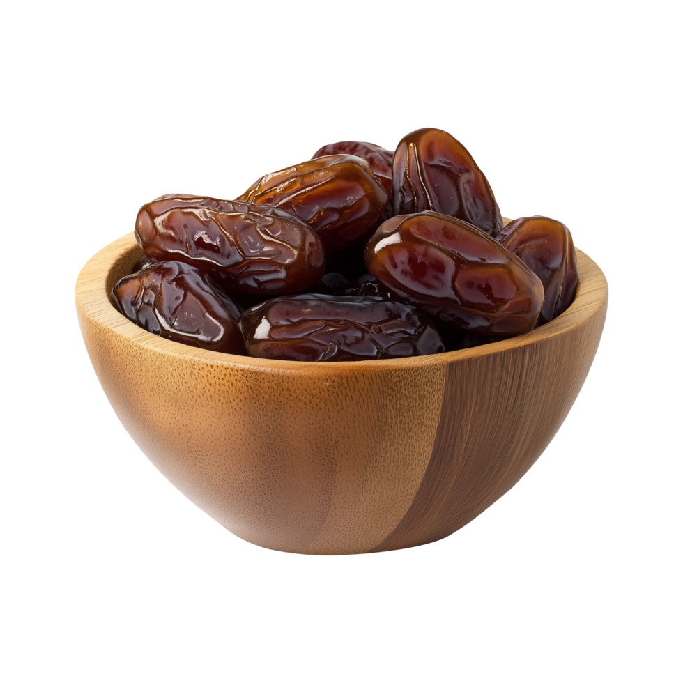 Elegant Premium Dates in Wooden Bowl Isolated on Transparent Background Great for Designing Rustic Product Banners, Social Media Posts, and Marketing Covers png