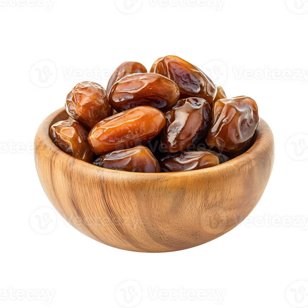 Elegant Wooden Bowl Filled with Premium Dates Cutout, Transparent Background Perfect for Product Promotions, Rustic Designs, and Social Media Graphics png