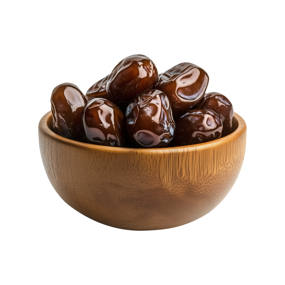 Elegant Wooden Bowl with Premium Dates Cutout, Transparent Background Ideal for Eye-Catching Product Promotions, Social Media Posts, and Marketing Covers png