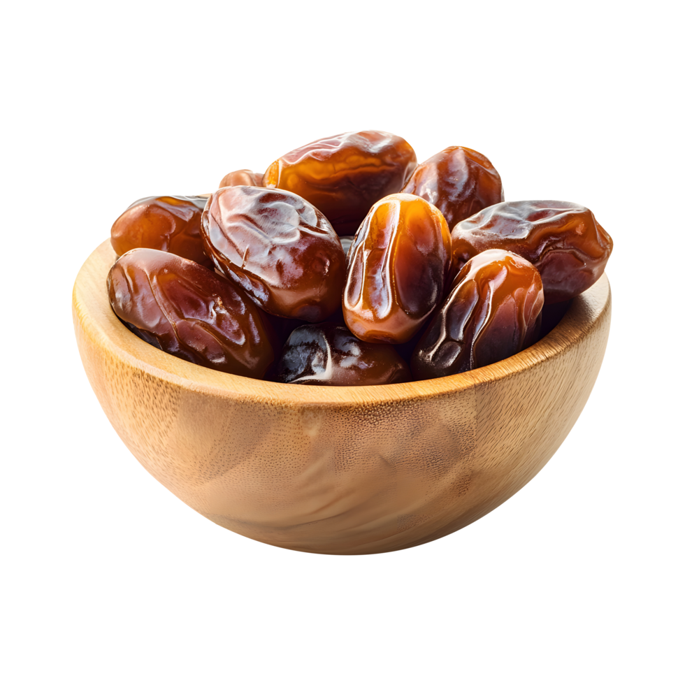Premium Dates in Rustic Wooden Bowl Isolated on Transparent Background Ideal for Elegant Product Banners, Social Media Graphics, and Cover Art png