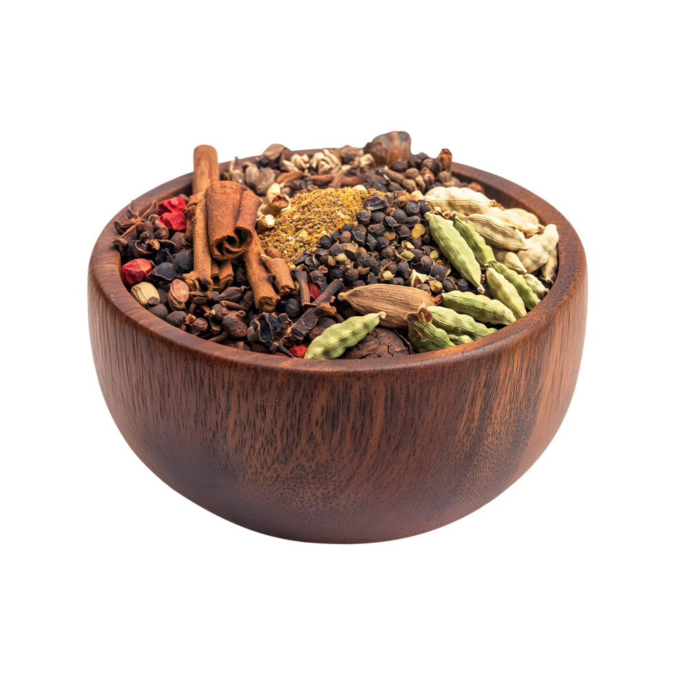 Rustic Wooden Bowl with a Blend of Spices Cardamom, Cumin Powder, and Cinnamon Isolated on Transparent Background Ideal for Your Product Cover png