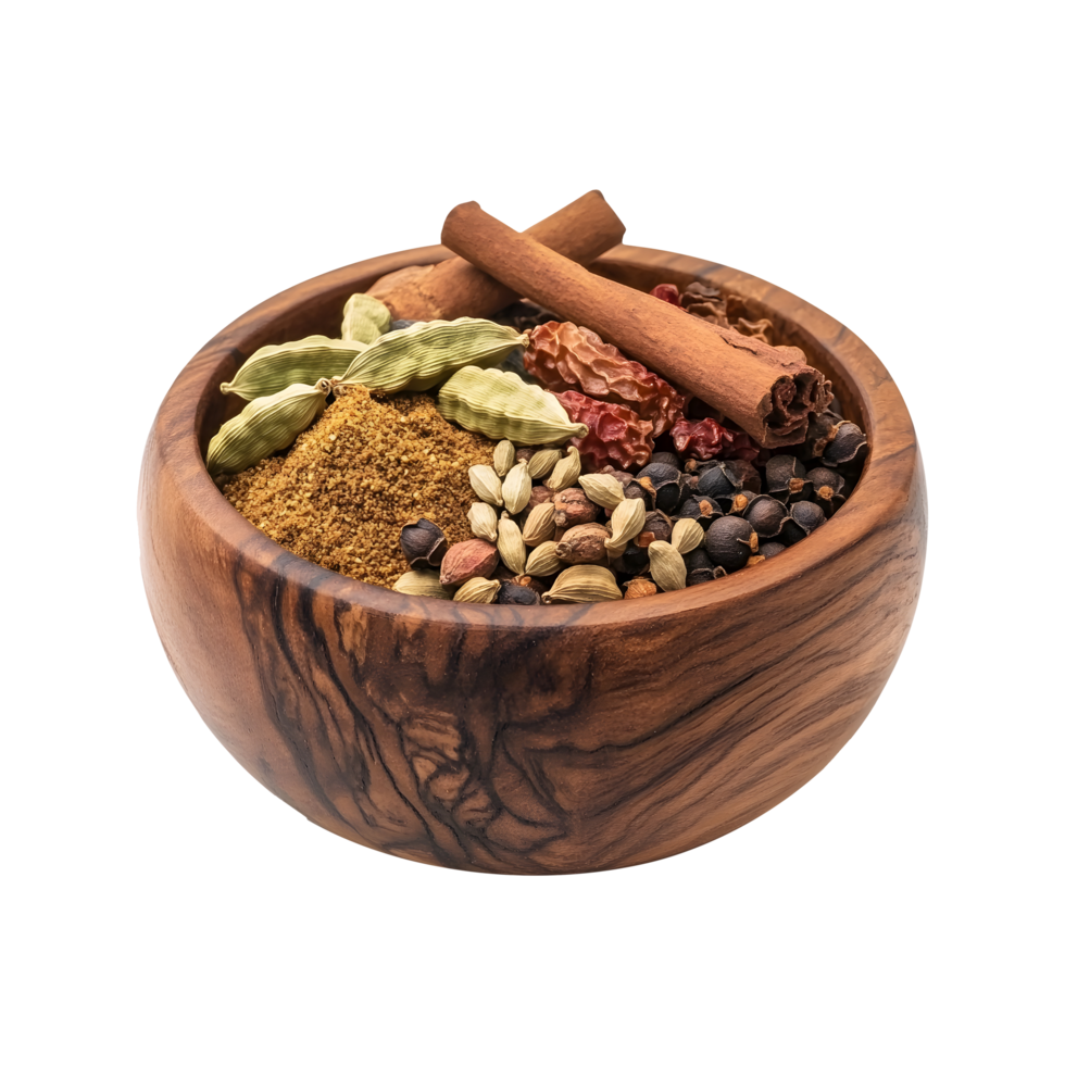 Spice Collection in a Wooden Bowl Featuring Cardamom, Cumin Powder, and Cinnamon on Transparent Background Excellent for Design Covers and Posts png