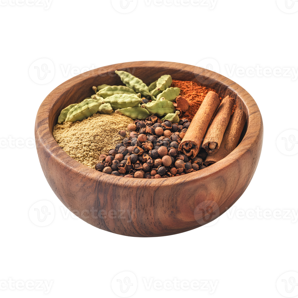 Wooden Bowl of Diverse Spices Cardamom, Cumin Powder, and Cinnamon on Transparent Background Perfect for Eye-Catching Product Banners png