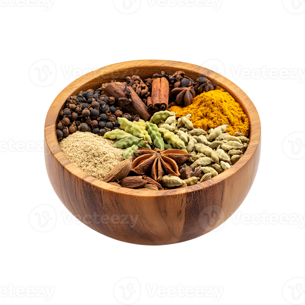 Spice Up Your Designs with a Wooden Bowl of Cardamom, Cumin, and Cinnamon Spices on Transparent Background Perfect for Post and Cover Use png