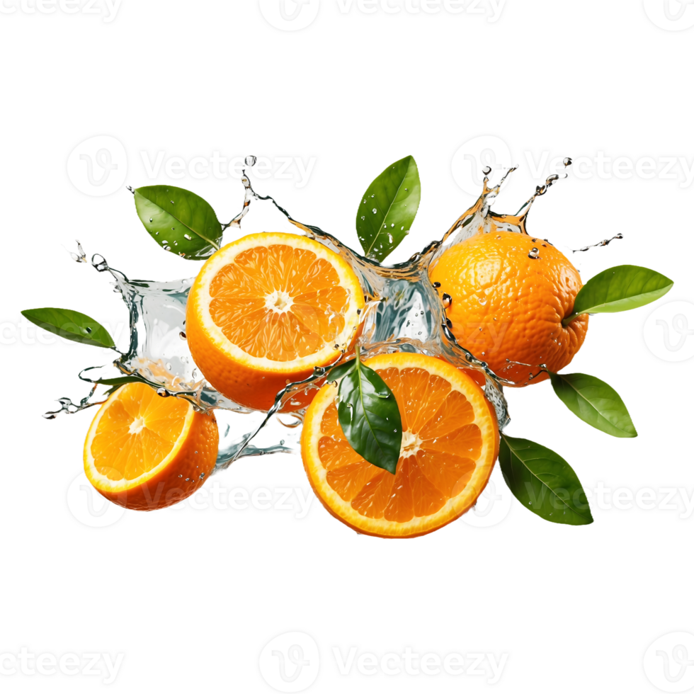 Vibrant Oranges Splashing with Fresh Leaves - Perfect for Product Banners and Posts png