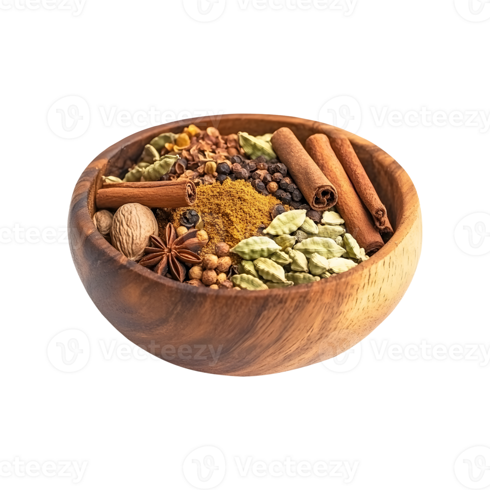 Wooden Bowl Overflowing with Aromatic Spices Cardamom, Cumin, and Cinnamon on a Transparent Background Perfect for Product Banners and Covers png