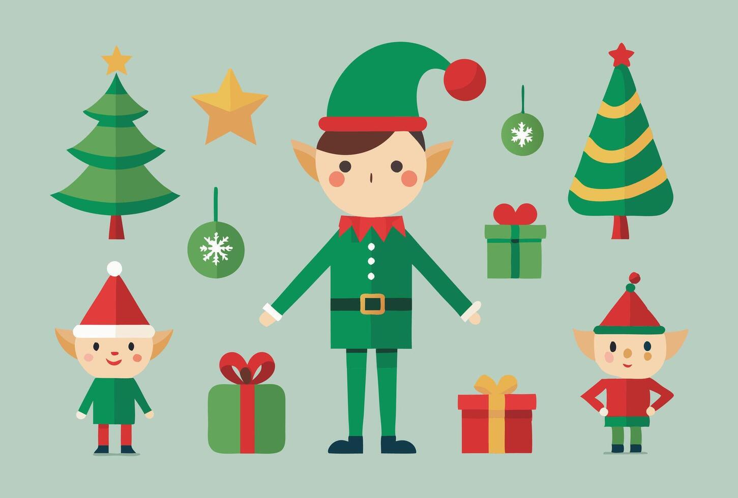 Festive Christmas elves and Holiday Icons Illustration Set vector