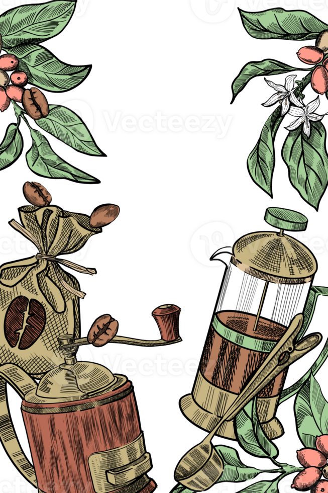 Hand drawn vintage composition with coffee mill, pot, bag with beans and coffee green branches png