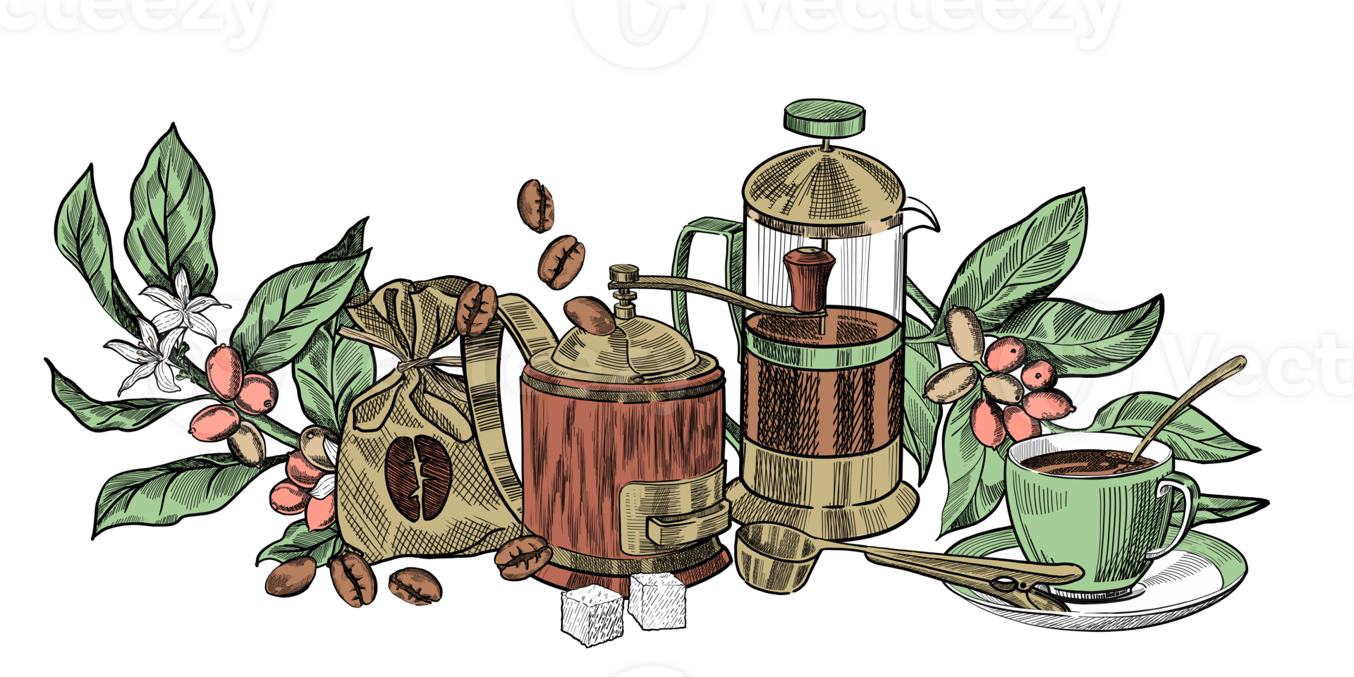 Hand-drawn black graphic and color illustration of coffee preparation png