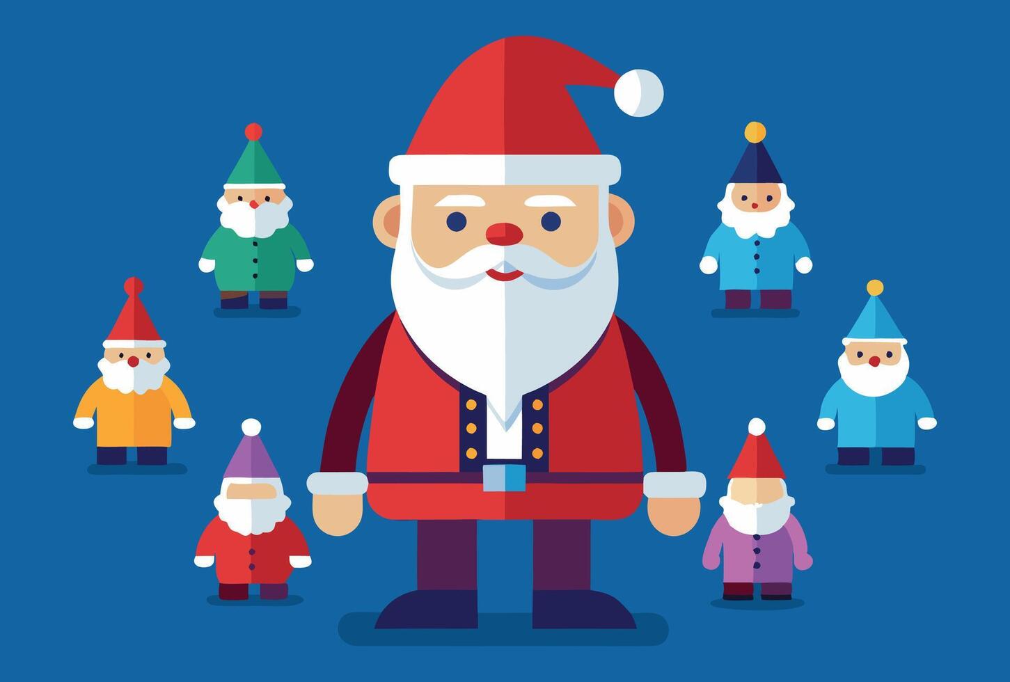 Santa claus with gnomes on blue background vector