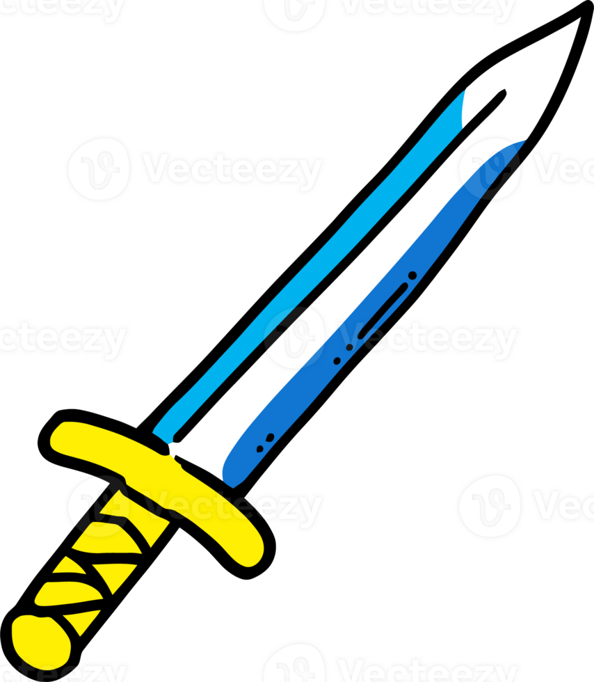 Vibrant Hand-Drawn Sword Illustration with Yellow Hilt and Blue Blade png