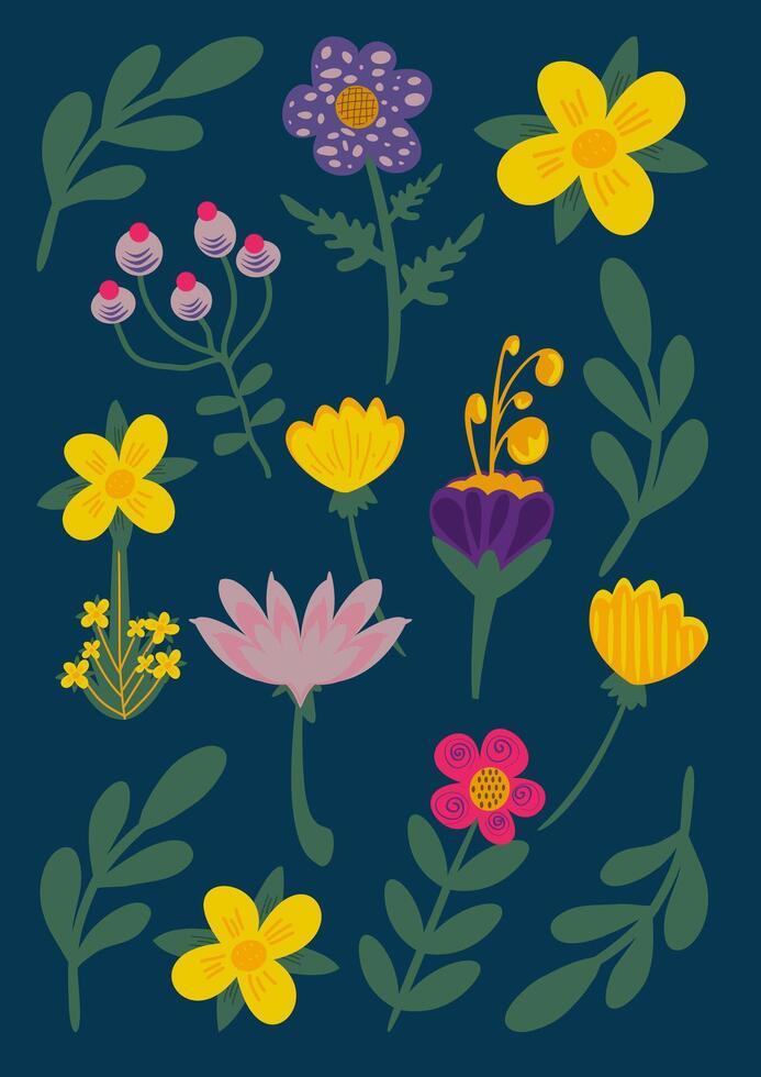 Floral Backgrounds. Art Style from the 1960s. Flowers collection on the deep blue background. Cover template. vector