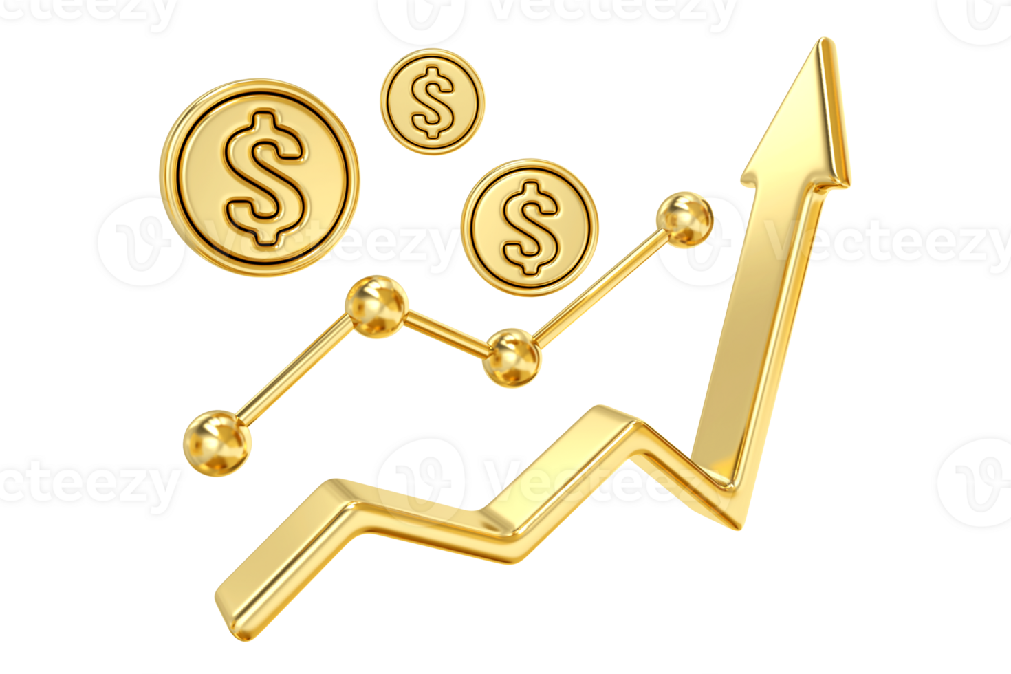 Golden Growth Trajectory, gleaming golden arrow ascends chart, symbolizing soaring profits and financial success, with dollar coins emphasizing the upward trend, 3d rendering png