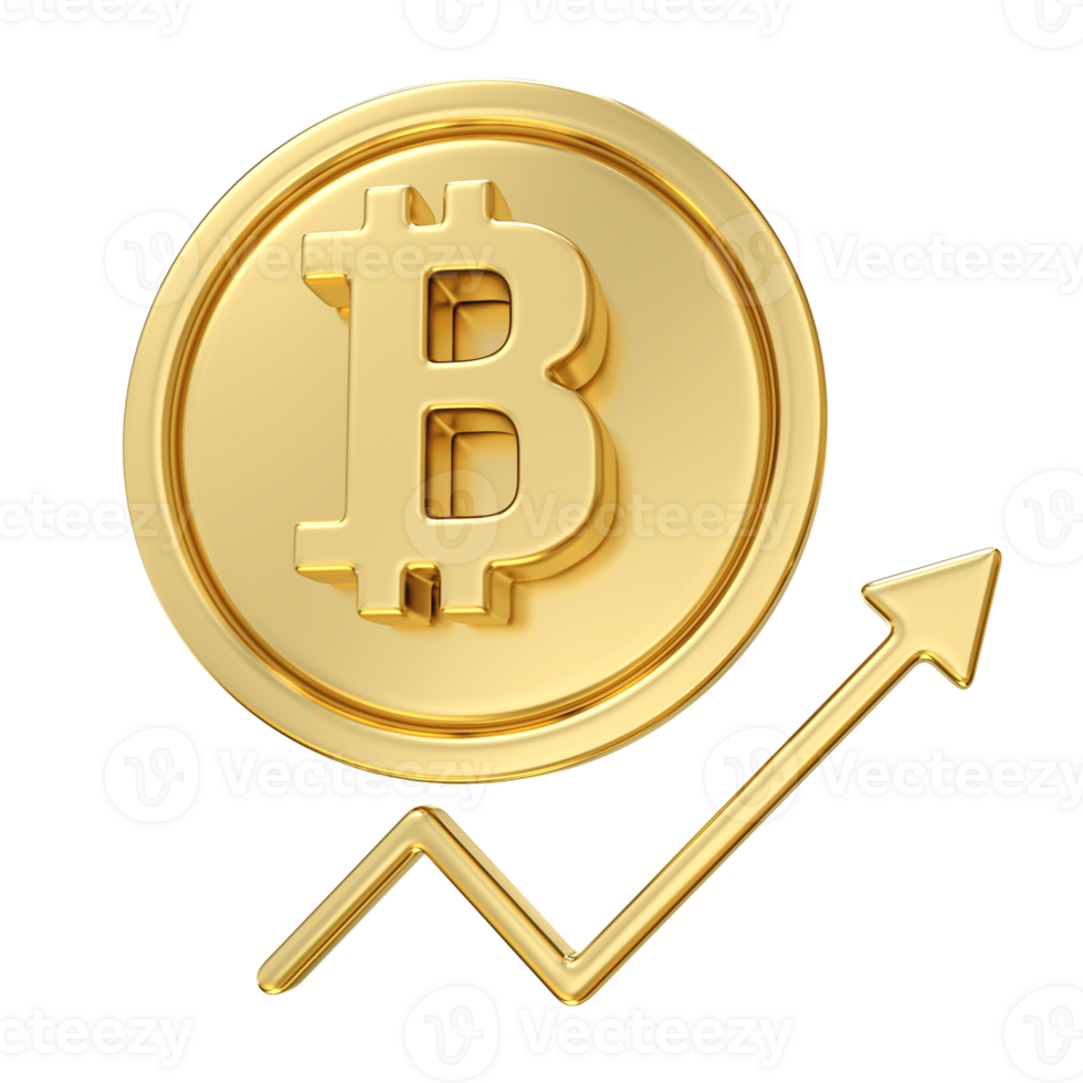 Bitcoin of ascent, A golden Bitcoin coin with a rising arrow, symbolizing the cryptocurrency growth and investment potential, 3d rendering png
