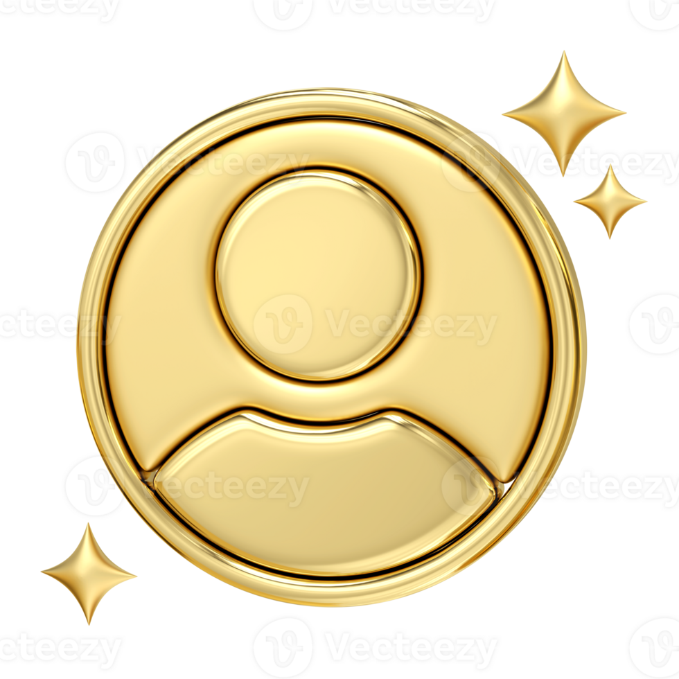 Golden User Icon, A gleaming, three-dimensional gold icon of a user, adorned with sparkling stars, evokes a sense of prestige, value, and premium service, 3d rendering png