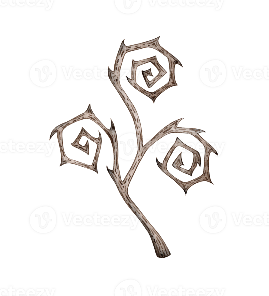 Dry black branches twisted with thorns Halloween watercolor illustration. Spiked and gnarled driftwood isolated from the background. Gothic decorations for autumn and winter design. png