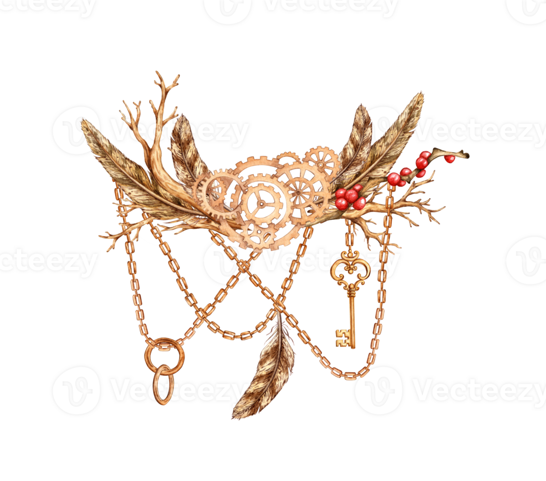Metal gears with feathers from a dry branch, red berries, chains and pendants, a key in the steampunk style from nuts, watercolor illustrations. Mechanical souvenir in techno style. Ideal for cards, png
