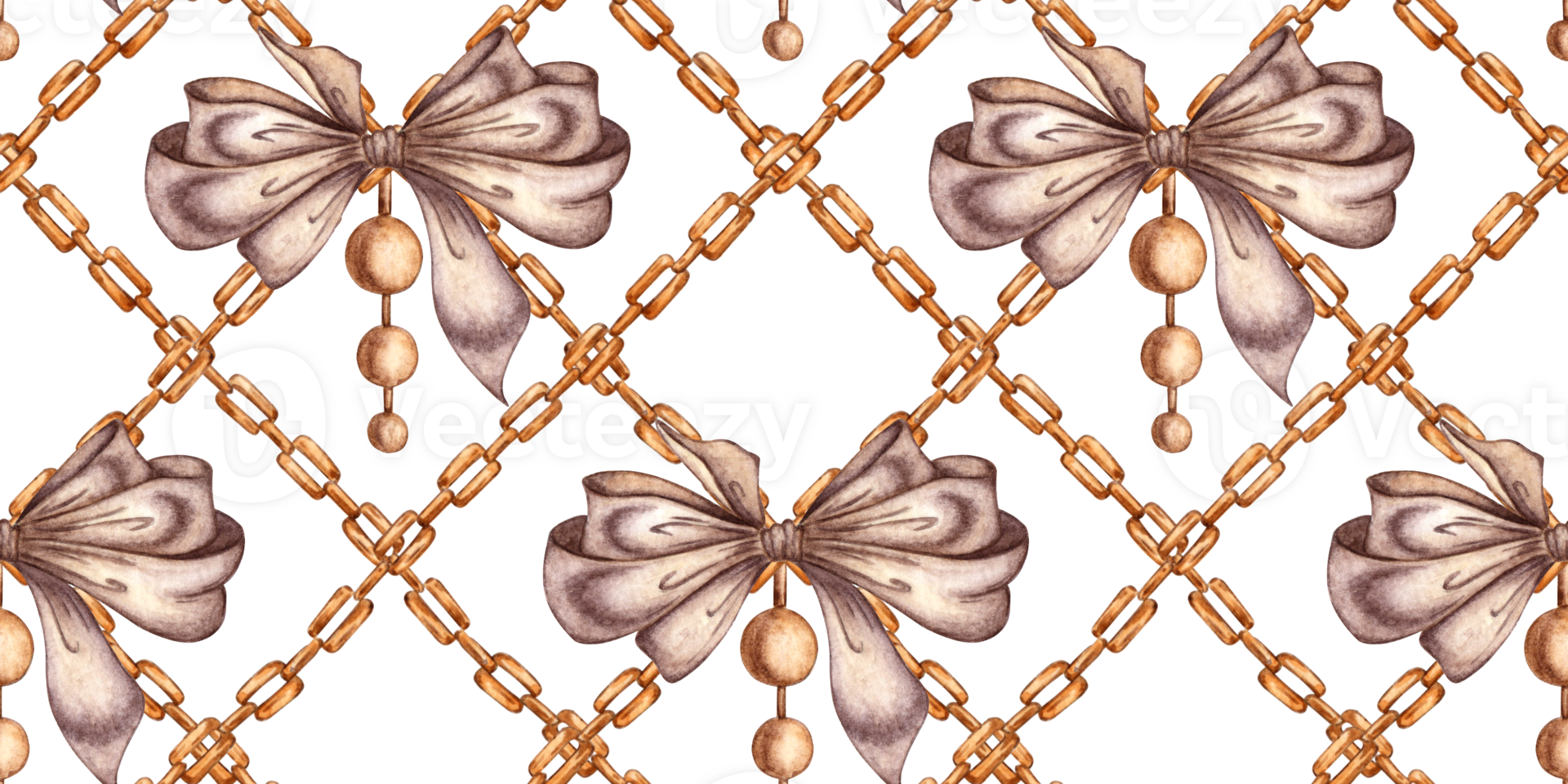 Gold chain with brown bows pattern watercolor illustration. Jewelry, accessories and silk hair ribbon isolated from background. For decorating souvenirs, cards, posters, objects, banners, textiles, png