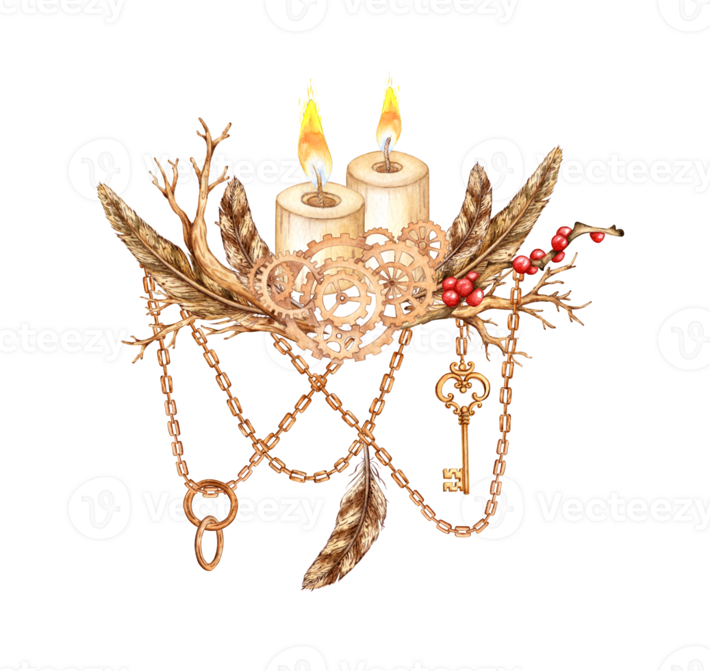 Candle burner, gears with feathers, dry branches, red berries, chains and pendants, key in steampunk style, watercolor illustration. Mechanical souvenir in techno style. For postcard design png
