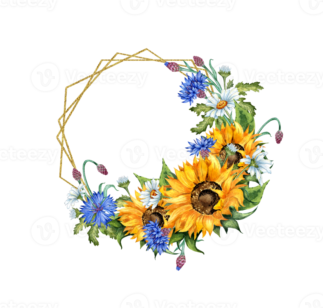 Sunflower, daisies, cornflower, ears of wheat, watercolor illustration in a geometric hexagonal frame. Harvest Festival. The bouquet is isolated from the background. Compositions, posters, postcards, png