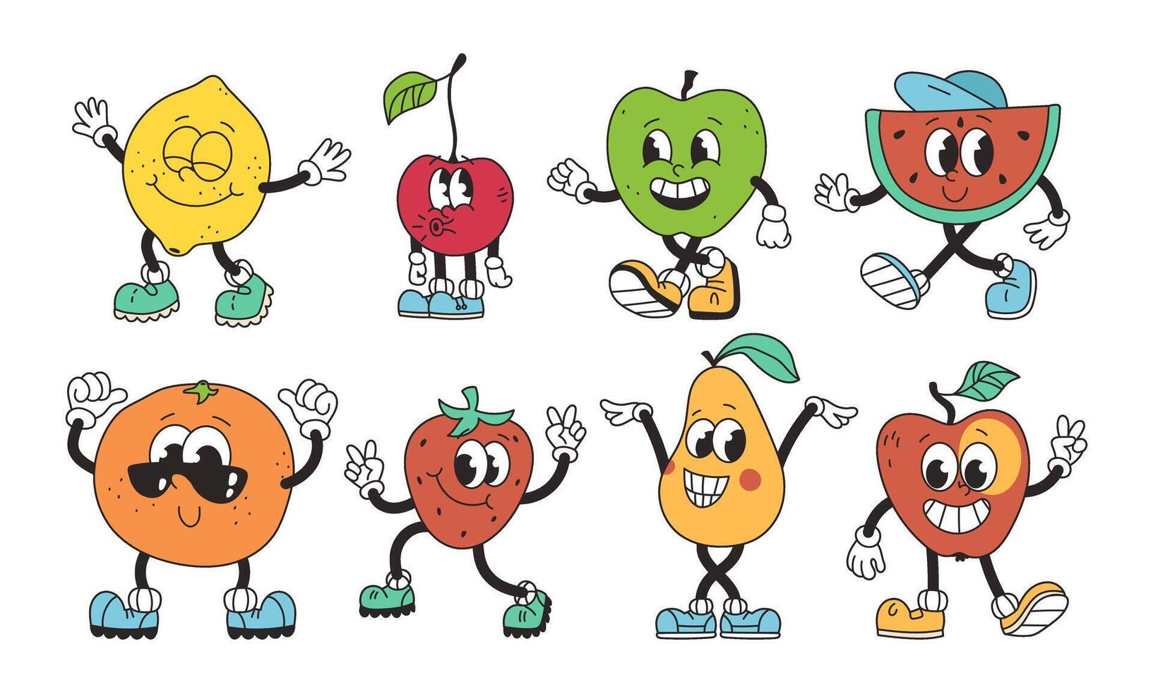 Retro cartoon fruits. Groovy cute apple, orange and lemon faces, funny comic characters in different poses, fruits with happy emotions. isolated set vector